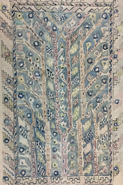 Märta Måås-Fjetterströms akvarellskiss av mönstret till mattan Almarna.